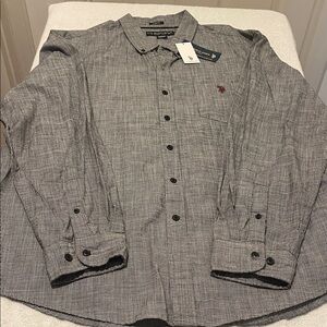 NWT Men Crispy Button Down Black/Gray Cotton Work/Date Night Slim Fit XXL